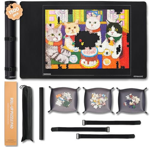 Odyssolve Jigsaw Puzzle Mat Roll Up 1500 Pieces Saver Pad 46 x 26 with 3 Sorting Trays & Travel Storage Bag Portable Non-Slip Rubber Bottom