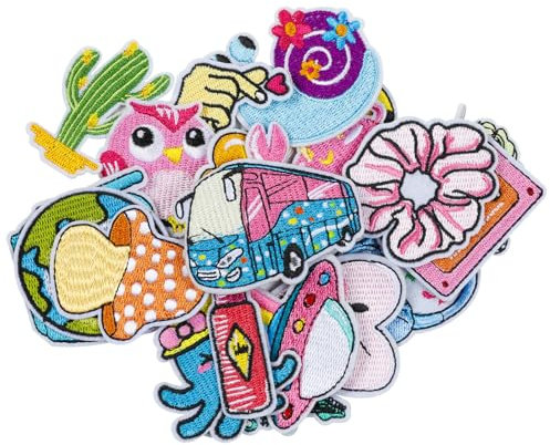 HTVRONT Embroidered Iron On Patches for Clothes & Accessories: 20pcs Random Assorted Set Including Kawaii Designs Iron On Patches & Embroidery Accessories