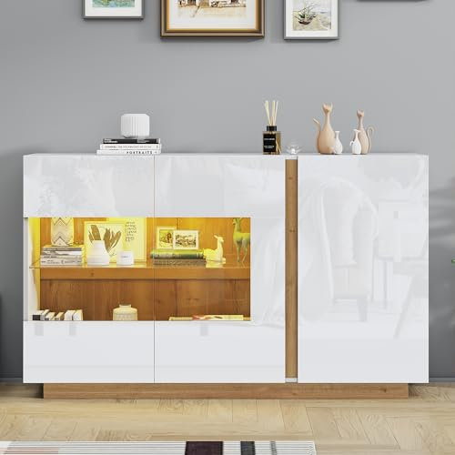 LUTUTU Sideboard Hochglanz Kommode, weiße Spanplatte mit Glas, Holzsockel, Kommode Schrank Flurschrank 138 * 38 * 90,5cm