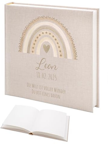 wunderwunsch Fotoalbum Einschulung personalisiert, Gästebuch, Deko, Erinnerungsalbum Schule, Geschenk Taufe, Kindergarten, Geburt, Geburtstag individualisiert (Regenbogen beige)
