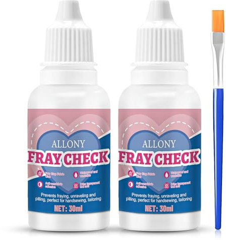 Allony Fray Check, Fray Stop per tessuti, colla per tessuti Fray Stop con applicatore, previene la perdita di filo, lo sfilacciamento e lo srotolamento delle cuciture su qualsiasi tessuto, 2 x 30 ml