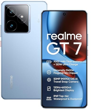 realme GT 7 5G Smartphone 12+256GB,Chip Dimensity 9400e,50MP IMX906 OIS +50MP Cámara,7000mAh Batería Titan,6.78'' 120Hz 6000nits Pantalla de Deportes Profesionales,NFC,Azul