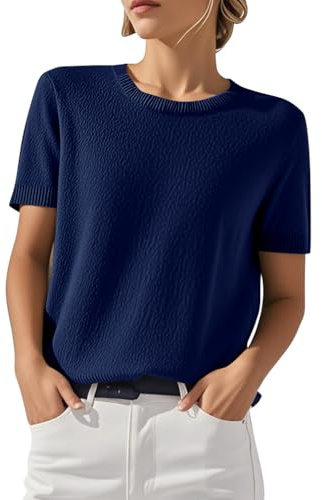 shownicer Femmes Pull Manches Courtes Printemps Été Sweatshirt Col Rond Top Tricot Couleur Unie Casual Pullover A Marine XL