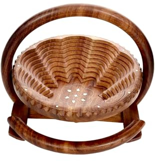 Cesta de frutas plegable de madera hecha a mano, 12 x 11 pulgadas, tazón de almacenamiento tallado decorativo con asa