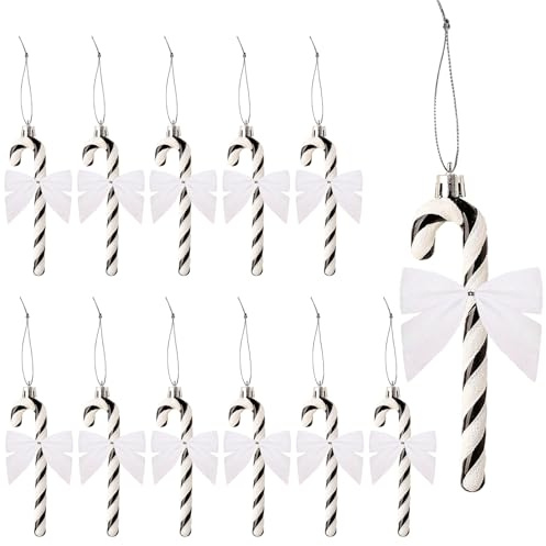 YIEUR 12 Stück Weihnachtsbaumschmuck Zuckerstangen Schleifen Weihnachten Anhänger mit Kordel Weihnachtsdeko Christbaumschmuck Ornaments Deko(Black White)