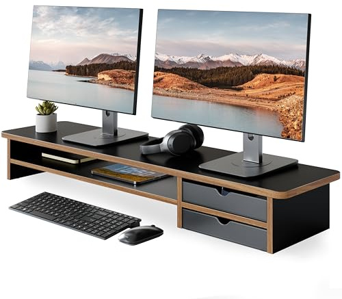 Fenge Monitor Riser,Dual Monitor Stand with 2 PC Drawers,108cm,Black | Dual Monitor Stand Riser,desk organiser for laptop,large storage space,for home office,108x23.5x14cm, Max Load Capacity 45KG