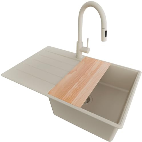 PRIMAGRAN Granitspüle ab 50er Unterschrank + Küchenarmatur, 78x50cm | Set: Küchenarmatur BW9010 + Ablauf-Set + Schneidebrett + Spülbecken 1 Becken - Kopenhagen Top, Alles Beige