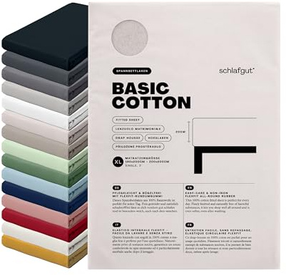 schlafgut Basic Cotton Spannbettlaken 180x200 cm 100% Baumwolle, Sand Light | Bettlaken, Spannbetttuch 200x200 cm, Sand, Jersey, bis 22 cm Steg, Made in Green, atmungsaktiv
