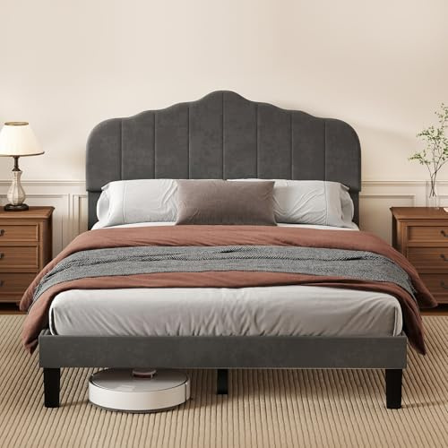 Levede Small Double Bed Frame with Headboard, Upholstered Platform Bed, Sturdy Wooden Slat Support, Easy Assembly, No Box Spring Needed, Dark Grey, 120x190cm