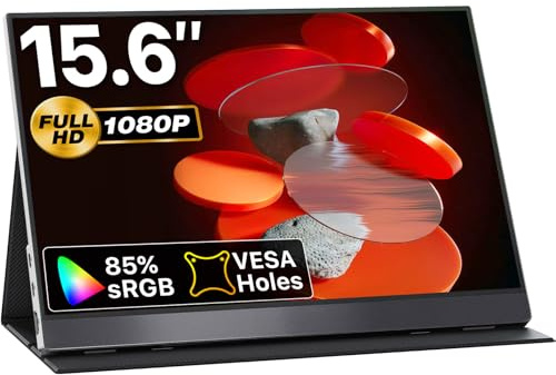 VisionOwl Tragbarer Monitor 15,6 Zoll, 1080P FHD IPS Externer Bildschirm, USB-C & HDMI Mobiler Laptop Monitor mit Smart Cover & Lautsprecher für Mac, PC, PS5, Xbox, VESA montierbar, Silber