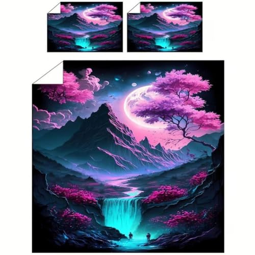 WSFST Fantasy Bettwäsche 135x200 – Anime Landschaft mit Wasserfall & Mond, Mikrofaser Bettbezug 135x200 + Kissenbezug 80x80, Moderne Jugend Bettwäsche Galaxy Natur Design