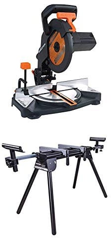 Evolution Power Tools R210CMS Multi-Purpose Compound Mitre Saw, 210 mm (110 V) with Saw Stand and Extensions