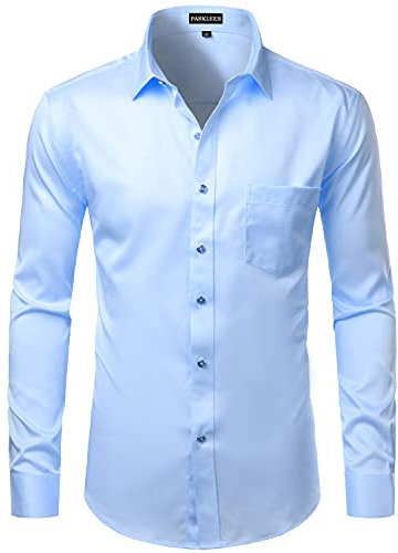 PARKLEES Men's Slim Fit Formal Long Sleeve Casual Business Party Dress Shirts with Chest Pocket Blue S
