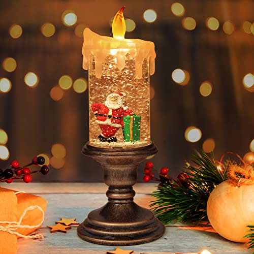 Snow Globe Lantern - Santa Claus Scene Flameless Candle 26x10cm - Lighted Water Filled Swirling Glitter Lantern with Bronze Pedestal Base for Christmas Centre Table Decoration