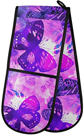 Mnsruu Oven Gloves, Purple Butterfly Double Oven Mitts Heat Resistant Kitchen Gloves for Baking Cooking