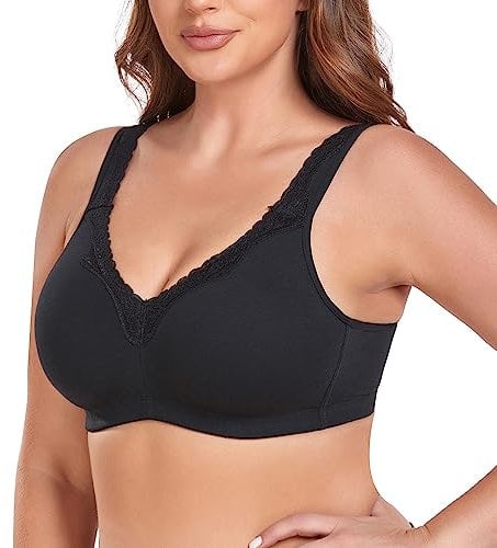 Ayigedu UK Women's Plus Size Bra Full Coverage Non-Wired Non-Padded Minimizer Cotton Bra 46-DD Black