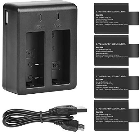 SHOOT Ersatzakku-Kit mit Dual-Ladegerät 3,7 V 900 mAh Li-Ion-Akkus Kompatibel mit SJCAM SJ4000 SJ5000 SJ6000 M10 Action Camera