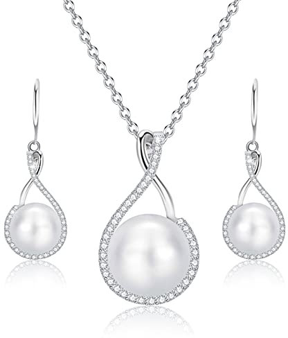 ankbrats Perlen Schmuck-Set mit Halskette und Ohrringe, Silber 925 AAA Zirkonia Schumck Set, Weiße Perlenkette und Süßwasser-Zuchtperlen Anhänger für Frauen Mädchen