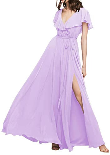 WSEYU V-Ausschnitt, lange Brautjungfernkleider mit kurzen Ärmeln, Chiffon, A-Linie, Rüschen, Ballkleider mit Taschen C056, Flieder, 50 Plus