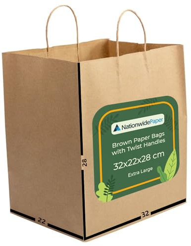 NationwidePaper 20pcs Extra Large Brown Paper Bags, Party Bags, Gift bag DIY and Sweet bags with Strong Twisted Handles (32x22x28cm)