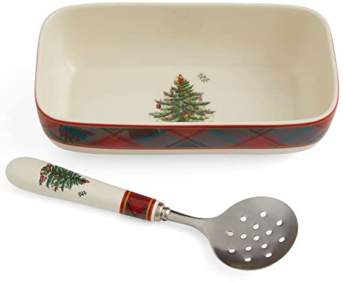 Spode – Christmas Tree Tartan Rectangle Server with Slotted Spoon-Dish 8 x 4.25, Slotted Spoon 8.1