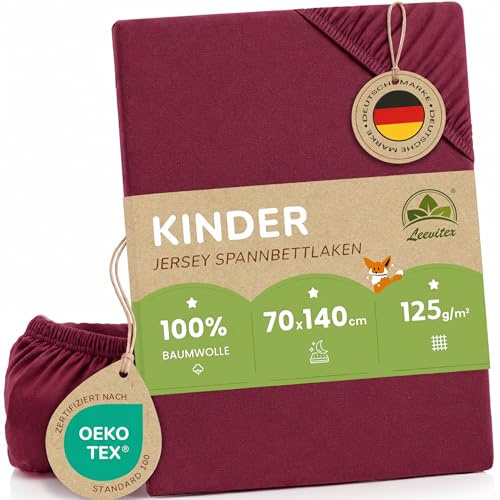 leevitex Kinder Spannbettlaken, 70x140cm, Für Babybett & Kinderbett, 1er Set, 100% hochwertige Mako-Jersey-Baumwolle, Bordeaux/Weinrot