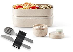 Lékué Kit Bienvenido To Go Lunchbox To Go Organic, Beis, 1000ml + Recipiente para Salsas Organic, Beis, 50ml + Juego de cubiertos para llevar, Acero Inoxidable