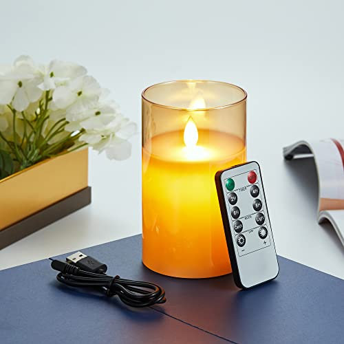 LED Kerzen, Wiederaufladbar LED Kerzen mit Glas, Halloween Kerzen, LED Kerzen mit Fernbedienung, Flammenlose Flackern Kerzen, Outdoor LED Kerzen mit Timer 15cm, USB Ladekabel Inbegriffen-Braun