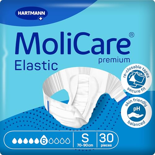 MoliCare Premium Elastic 6 Drops Unisex Adult Nappies, Size S | 30 pairs, three-layer absorbent core for severe leaks, elasticated side panels, instant-dry feeling, skin-friendly