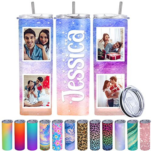 MESHELEY Personalised Tumbler Custom Coffee Mug with Picture Names Lid and Straw Customised Photo Tumbler Travel Cup Gifts for Women Men Mother's Day Father's Day Anniversary Birthday