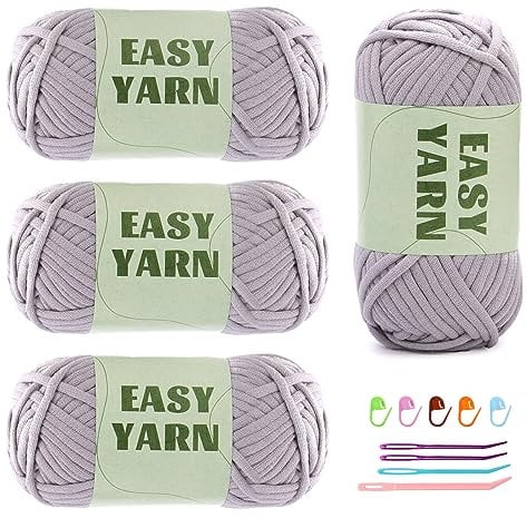 4 X 50g Häkelgarn Wolle zum Häkeln Dickes Garn Häkelwolle Easy Yarn Häkelgarn Chenille Wolle zum Häkeln gut Sichtbare Maschen, Dicke Wolle zum Häkeln Dickes Baumwoll-Nylon-Hellgrau mit Häkelzubehör