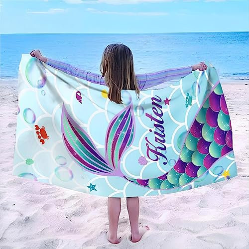 SearchI Personalisiertes Strandtuch mit Namen 76x152cm Schnell Trocknendes Badetuch Mikrofaser Strandtuch Personalisierte Geschenke für Fitness,Reisen,Strand,Sauna,Outdoor-Sport(Meerjungfrau)