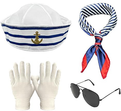 MIVAIUN 4 Stück Matrosenschiff Kappe Schal Sonnenbrille und Handschuhe Set,Matrosen Set,Nautische Seemannsgarnitur,für Kreuzfahrten Cosplay Verkleidungsparty Junggesellenabschied(4 Stück)