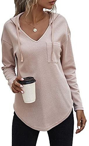 Cuptacc Pullover Damen Kapuzenpullover Oversize Weich Langarmshirt Bluse Tunika Sweatshirt Oberteile Damen Mode Bequem Hoodie Aprikose XL