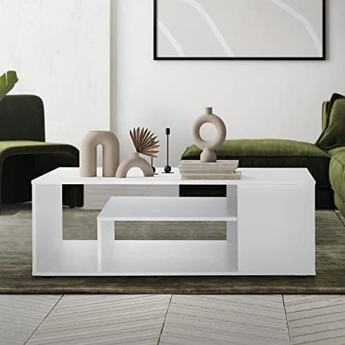 ML-Design Couchtisch in Weiß 110 x 50 x 41 cm, Geräumiger Wohnzimmertisch mit 4 Abstellflächen auf 3 Etagen, Moderner Sofatisch mit viel Stauraum, Holz Beistelltisch, Wohnzimmer Kaffeetisch Holztisch