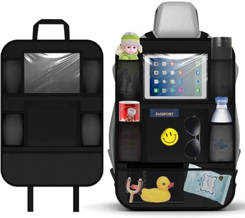 JOYAJY Car Organiser,Car Seat Organiser for Kids 1pcs, BackSeat Protector with 10 iPad Tablet Holder,Car Tidy Organiser With Kick Mat & 9 Pockets for bottles,toys,books,Car Accessories for Toddlers