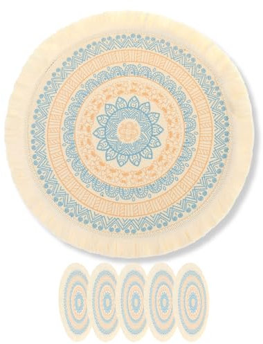 Flanacom 6er Set Tischset Rund 36 cm Boho Deko Platzset Stoff Platzdeckchen Tischunterlage Esstisch (Grün)