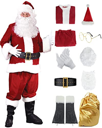 Miulruma Weihnachtsmann Kostüm Santa Claus Nikolauskostüm Weihnachten Samt Anzug mit Nikolausmütze Perücke Bart Gürtel und Handschuhe Deluxe Set Faschingskostüme für Herren Männer Damen A038L