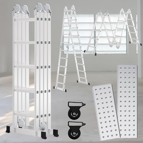 Duisrech Multifunktionsleiter 4 x 5 Sprossen, Klappleiter 582cm Alu Leiter, Mehrzweckleiter Treppenleiter bis 150kg, Leitern 5 Stufen, Ladder Mit 2 Plattformplatten und 2 Rädern, Treppenleiter