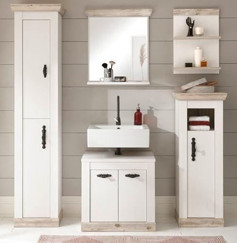 Furn.Design Badmöbel Set in weiß Pinie/Oslo Pinie Landhaus-Stil Badezimmer komplett 5-teilig mit Waschbeckenunterschrank, Spiegel, Hochschrank, Regal, Kommode 184 x 200 cm Rovola (Set 5)