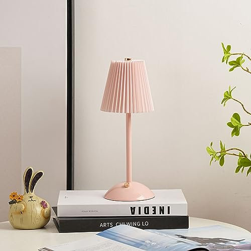 RuiDay Nachttischlampen, Touch-Tischlampe mit plissiertem Schirm und Metallsockel, 3-Wege-Helligkeit (Warm, neutral und weiß), 6 Farben, wiederaufladbar, minimalistisches LED-Nachtlicht (rosa + rosa