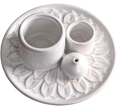 Portavelas y incienso de cerámica multifuncional 4 en 1 con bandeja colectora de cenizas para quemar salvia blanca, palitos de Palo Santo (blanco)