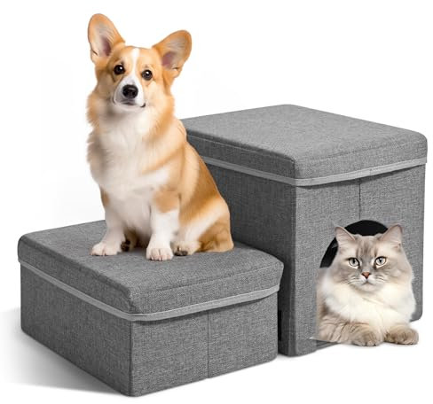 2 Stufen Treppe für Hunde, SenDeluz Faltbare Katzentreppe mit Aufbewahrungsboxen, Hundetreppe für Kleine Hunde Haustiertreppe für Sofa und Bett Hunde Treppe, 57,5cm x 36cm x 33cm
