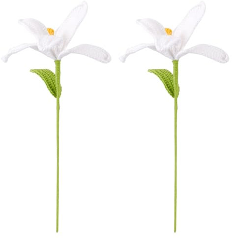 FINGERINSPIRE 2PCS Handmade Crochet Artificial Lily Flowers Knitted Cotton Lily Flowers Bouquet with Iron Wire White Lily Flowers Crochet Bouquet for Home Wedding Decorations Flower Gift Bouquet