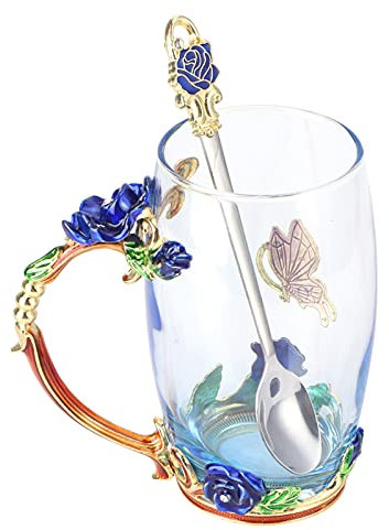 Gigicial Taza De Té De Vidrio Con Flores, Taza De Té De Flores Innovadora Con Cuchara, Regalo De Graduación Para El Día De La Madre, Madre, Esposa, Novia(Rosa Azul 350ML)