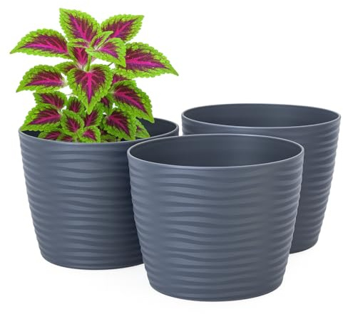 Home Garden Ornaments Vito Blumentopf & Übertopf Kunststoff – 3er Set Ohne Abflussloch Mit Untersetzer, 3D Wellenmuster, Pflanztopf Für Zimmerpflanzen & Balkon (19 cm Anthrazit)
