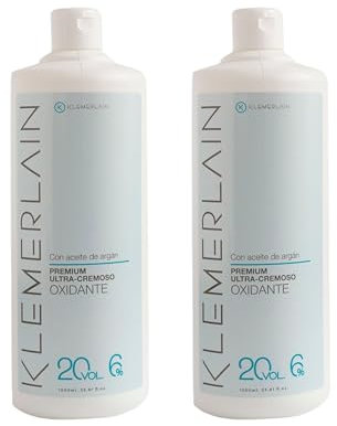 Klemerlain Agua Oxigenada en Crema Estabilizada 20 Volúmenes 6%, Oxidante para Coloración Capilar Permanente y Decoloración. Formulación Vegana. Uso Profesional. Pack de 2 Uds de 1L