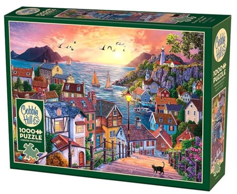 Cobble Hill Puzzle mit 1000 Teilen – Küstenstadt bei Sonnenuntergang – Beispielposter enthalten