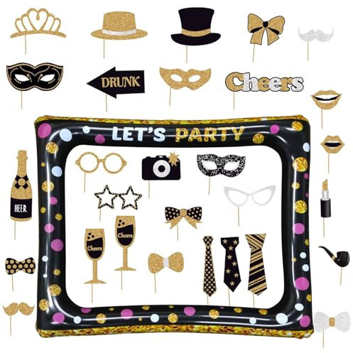 Zfseyuh Fotobox Accessoires Aufblasbarer Fotorahmen mit 30 Stück Schwarz Gold Lustige Foto Requisiten Bilderrahmen Aufblasbar Partyzubehör für Geburtstag Hochzeit Party