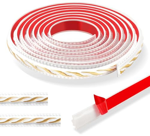 Papier peint flexible 3D 300 cm Motif vintage Bordure autocollante imperméable Idéal pour porte, armoire et décoration de la maison (2 cm, blanc avec or)